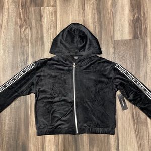 BeBe Logo Velour Hoodie Zipper Jacket Logo Black Women Size XL Brand New